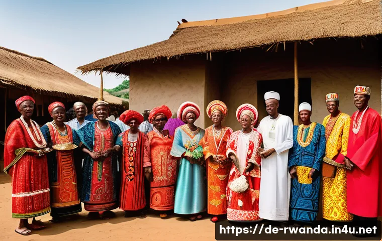 르완다 전통 혼례 - A vibrant Rwandan wedding scene depicting a large multigenerational community gathering outdoors in ...