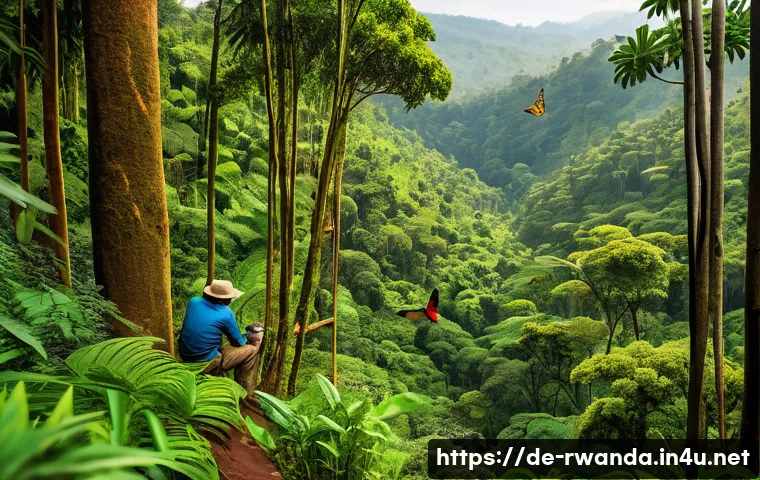 르완다 지역별 관광 명소 - A serene scene in Rwanda’s lush western rainforest during daylight, featuring dense green tree canop...