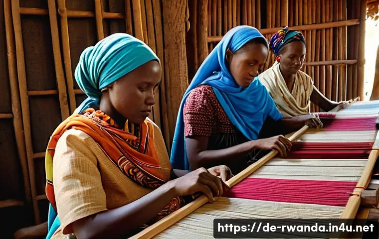 르완다의 전통 직물 패션쇼 - A detailed scene of Rwandan women artisans in a rural workshop hand-weaving traditional cotton and n...