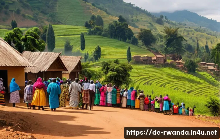 르완다의 종교 분포 - A vibrant rural Rwandan village scene centered around a large Catholic church made of natural materi...