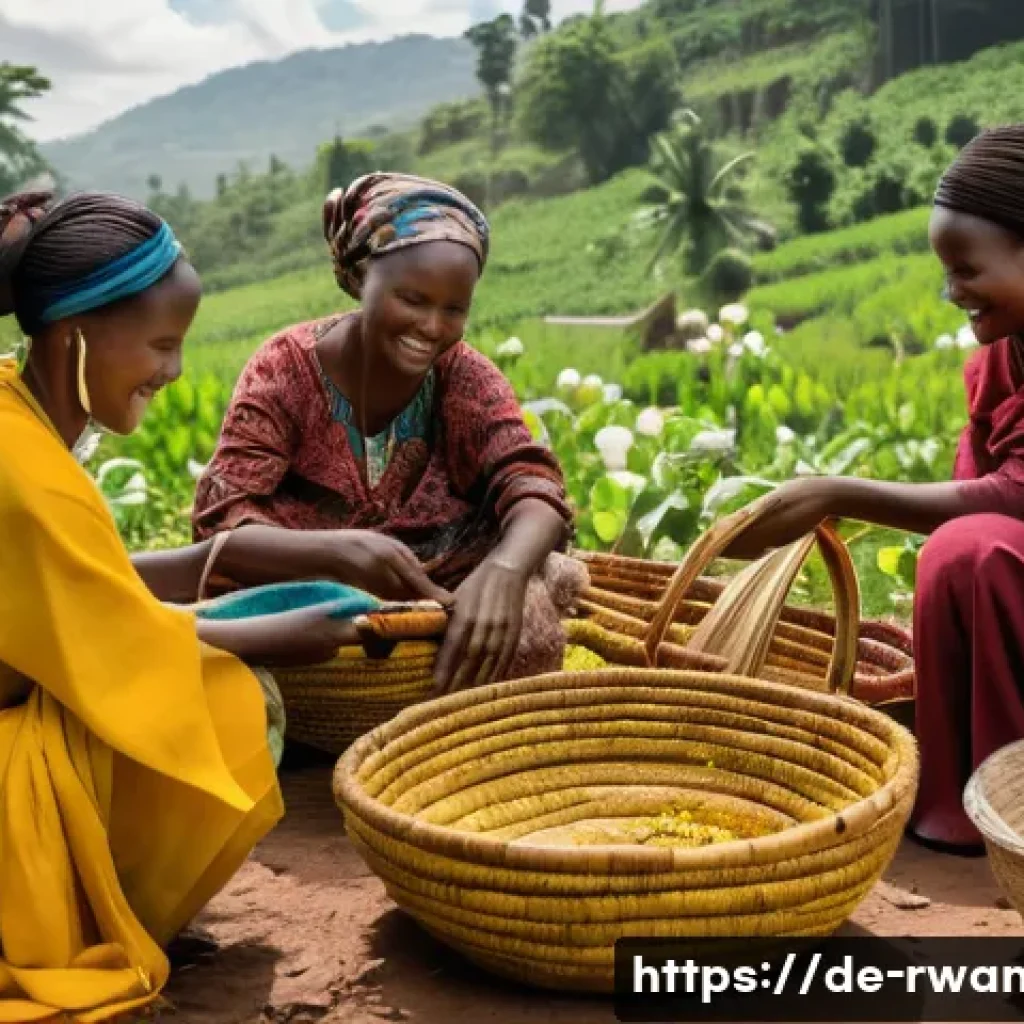 르완다에서의 전통 염색 공예 - A vibrant scene of Rwandan women gathered outdoors under natural sunlight, collaboratively dyeing co...