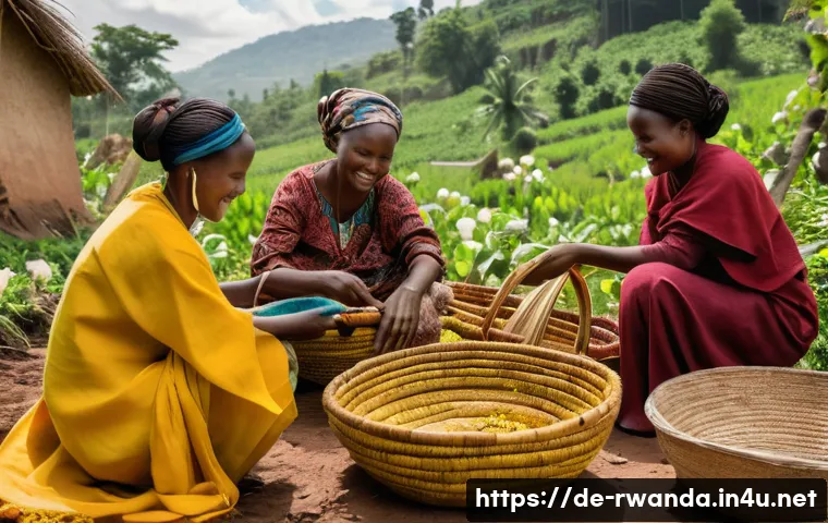 르완다에서의 전통 염색 공예 - A vibrant scene of Rwandan women gathered outdoors under natural sunlight, collaboratively dyeing co...