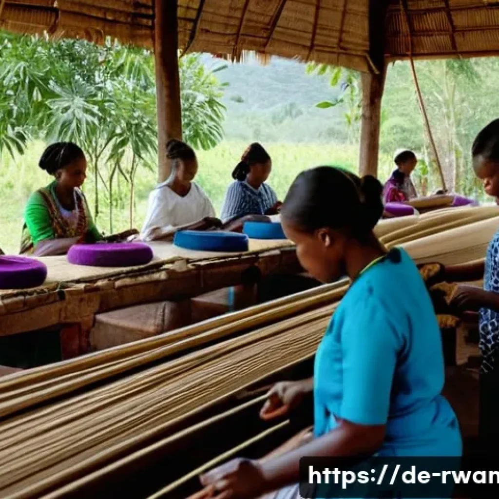 르완다 전통 직물 제작법 - A detailed scene of Rwandan weavers at work using traditional horizontal and vertical handlooms in a...