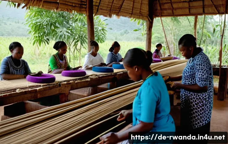 르완다 전통 직물 제작법 - A detailed scene of Rwandan weavers at work using traditional horizontal and vertical handlooms in a...