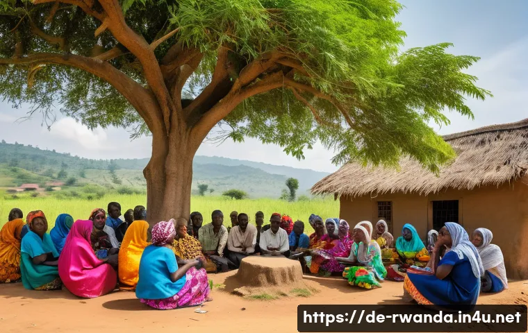 르완다의 주요 사회적 문제 - A vibrant rural Rwandan village scene showing a diverse group of men and women participating in a co...