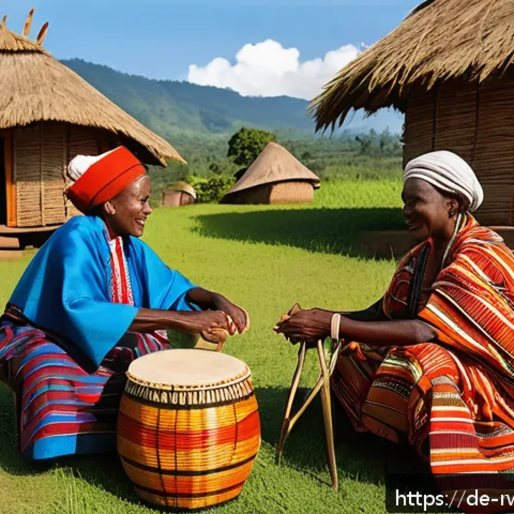 르완다 전통 의식 - A vibrant Rwandan village ceremony scene showing a diverse community gathered outdoors during a fest...