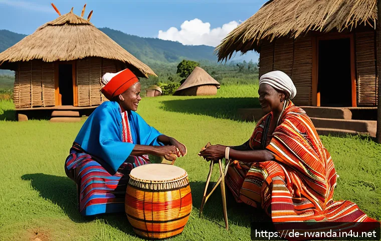 르완다 전통 의식 - A vibrant Rwandan village ceremony scene showing a diverse community gathered outdoors during a fest...
