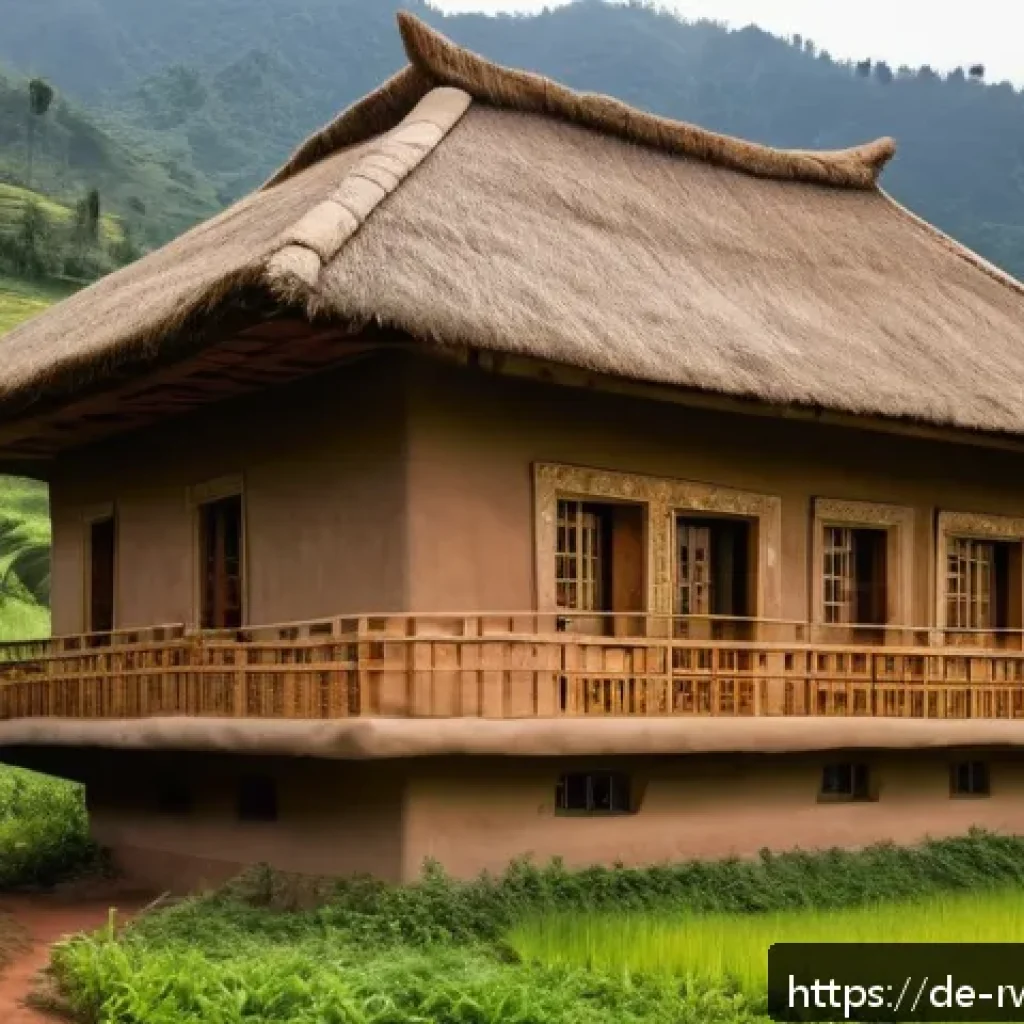 르완다의 전통 건축 기법 - A traditional Rwandan house made from natural materials such as earth-toned clay walls and intricate...