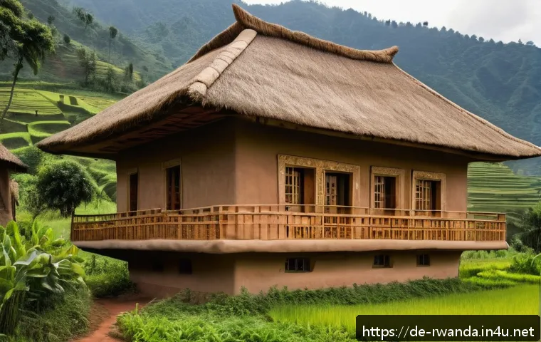 르완다의 전통 건축 기법 - A traditional Rwandan house made from natural materials such as earth-toned clay walls and intricate...