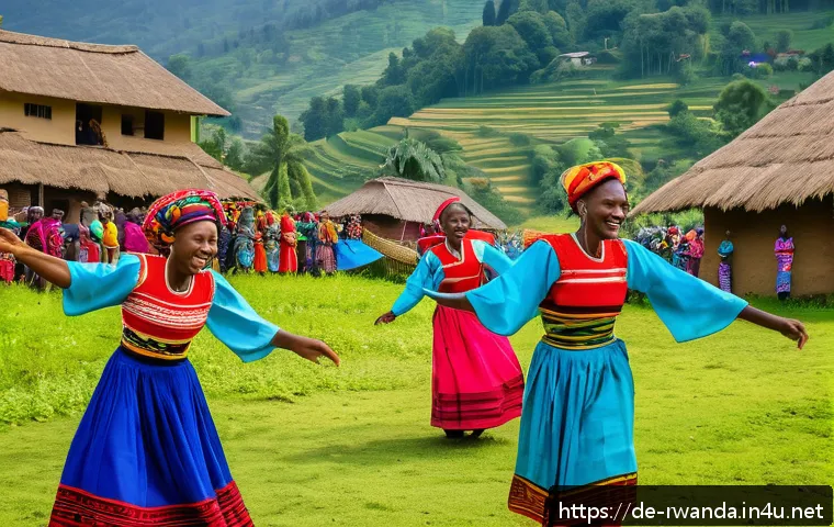 르완다의 주요 문화 정책 - A vibrant Rwandan village festival scene during daytime, showcasing men and women in traditional col...