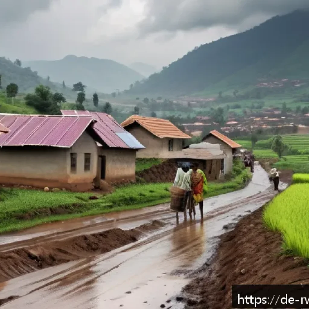 르완다의 지역별 빈곤율 - A rural Rwandan village during rainy season with muddy, impassable roads, small farmers in colorful ...