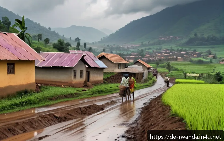 르완다의 지역별 빈곤율 - A rural Rwandan village during rainy season with muddy, impassable roads, small farmers in colorful ...