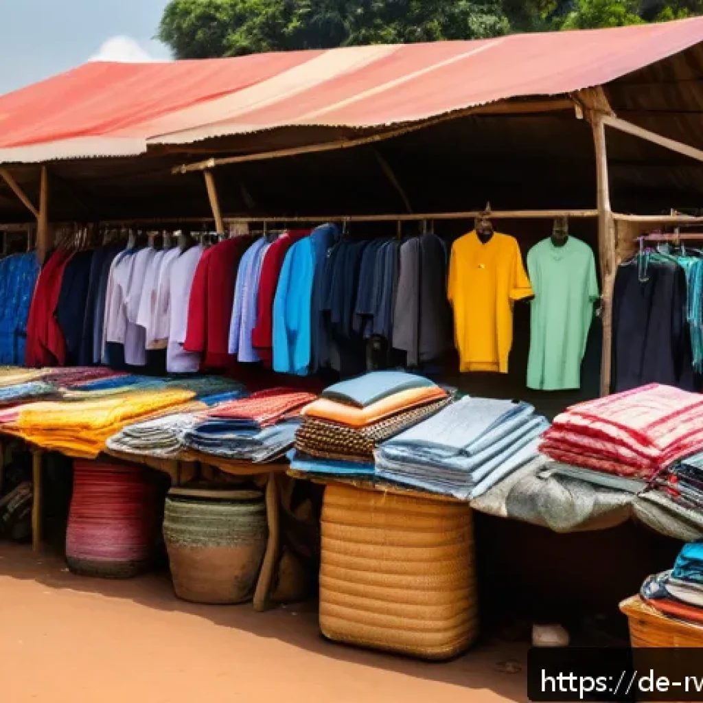 르완다의 중고 시장 - A vibrant urban secondhand market scene in Kigali, Rwanda, featuring small local traders—men and wom...