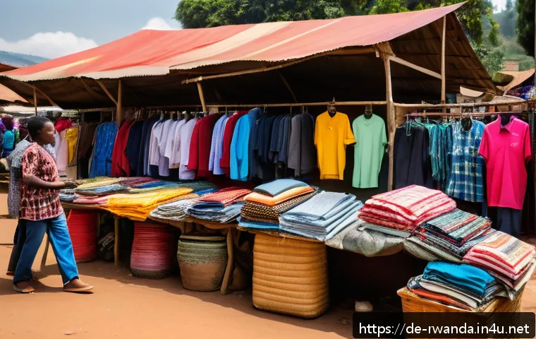 르완다의 중고 시장 - A vibrant urban secondhand market scene in Kigali, Rwanda, featuring small local traders—men and wom...