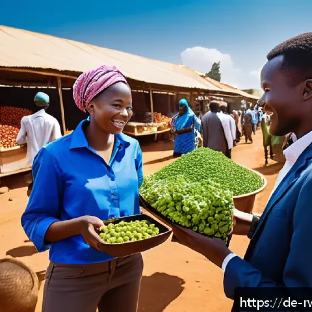 르완다와 미국의 관계 - A vibrant scene depicting a bustling African market town with small and medium enterprises (SMEs) an...