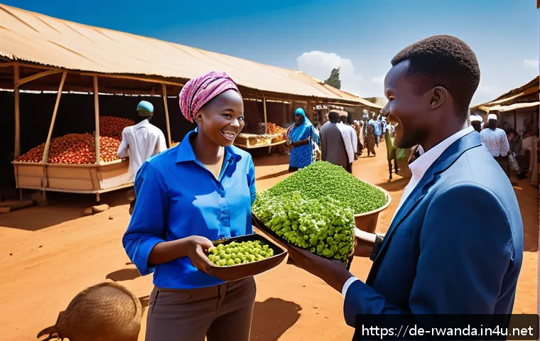 르완다와 미국의 관계 - A vibrant scene depicting a bustling African market town with small and medium enterprises (SMEs) an...