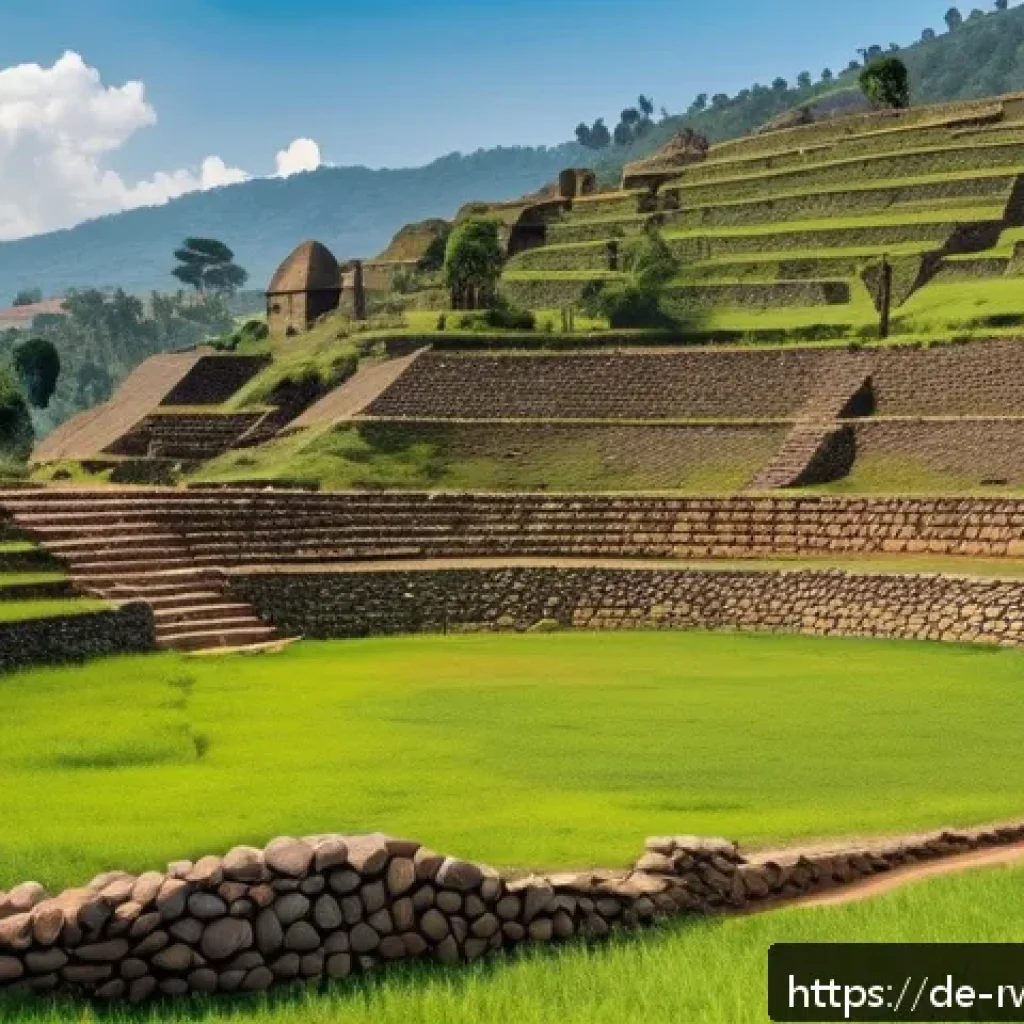 르완다의 고대 유적지 - A panoramic view of the ancient stone ruins of Nyanza in Rwanda, featuring complex, intricately stac...