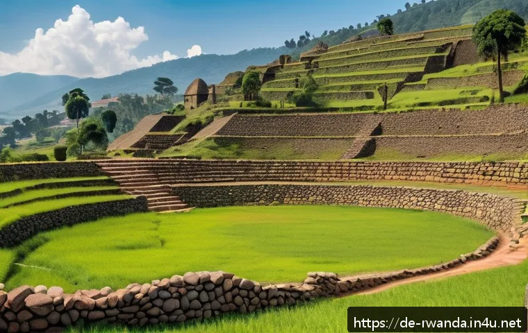 르완다의 고대 유적지 - A panoramic view of the ancient stone ruins of Nyanza in Rwanda, featuring complex, intricately stac...
