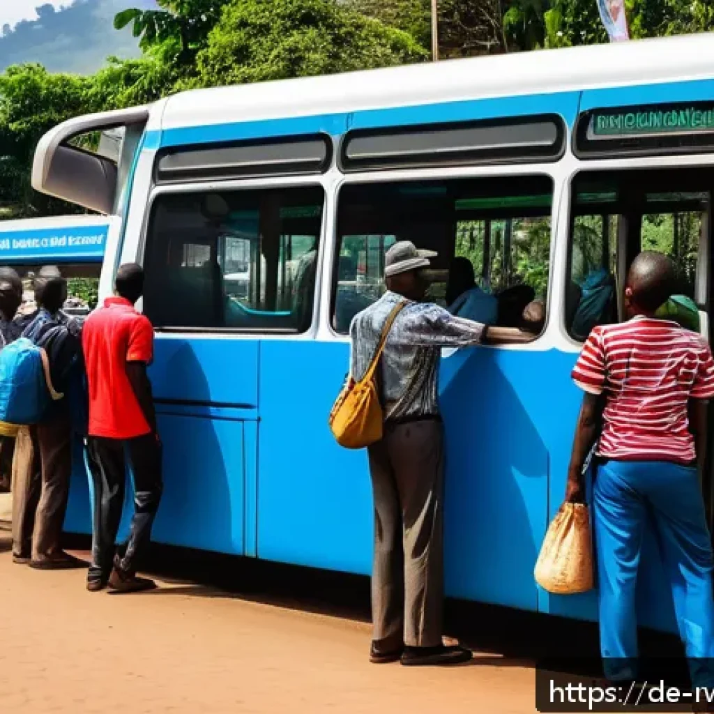르완다의 대중 교통 노선 - A bustling city street scene in Kigali during rush hour, featuring modern buses with clear route sig...