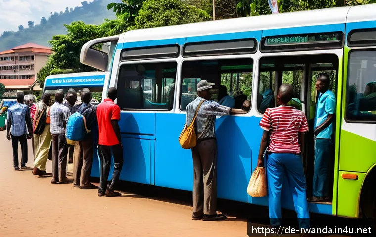 르완다의 대중 교통 노선 - A bustling city street scene in Kigali during rush hour, featuring modern buses with clear route sig...