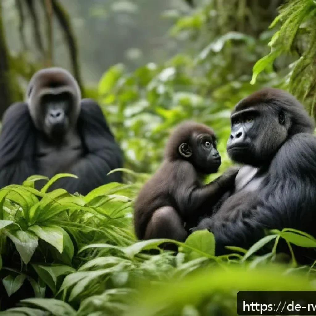 르완다의 주요 관광 프로그램 - A breathtaking scene of a family of mountain gorillas in the misty Virunga Volcanoes, surrounded by ...