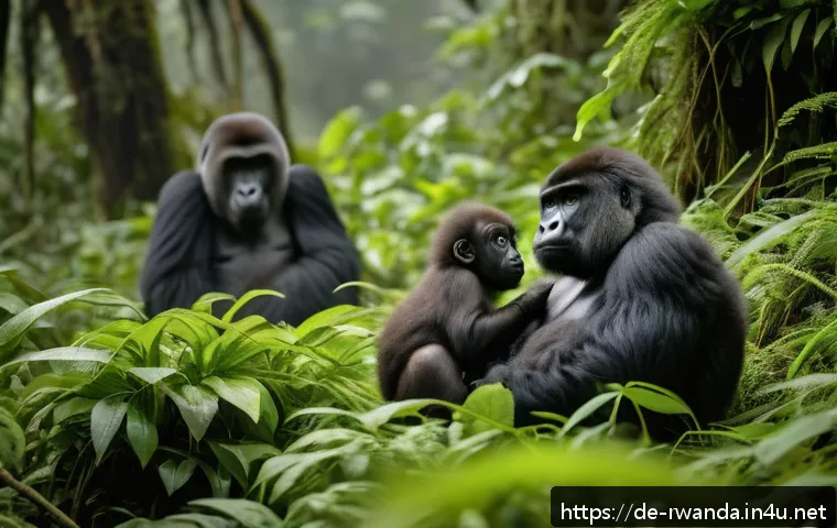 르완다의 주요 관광 프로그램 - A breathtaking scene of a family of mountain gorillas in the misty Virunga Volcanoes, surrounded by ...