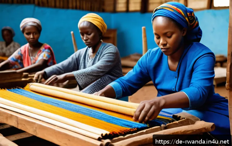 르완다의 전통 직물 전시회 - A vibrant Rwandan textile workshop scene showing skilled female artisans weaving on traditional hand...