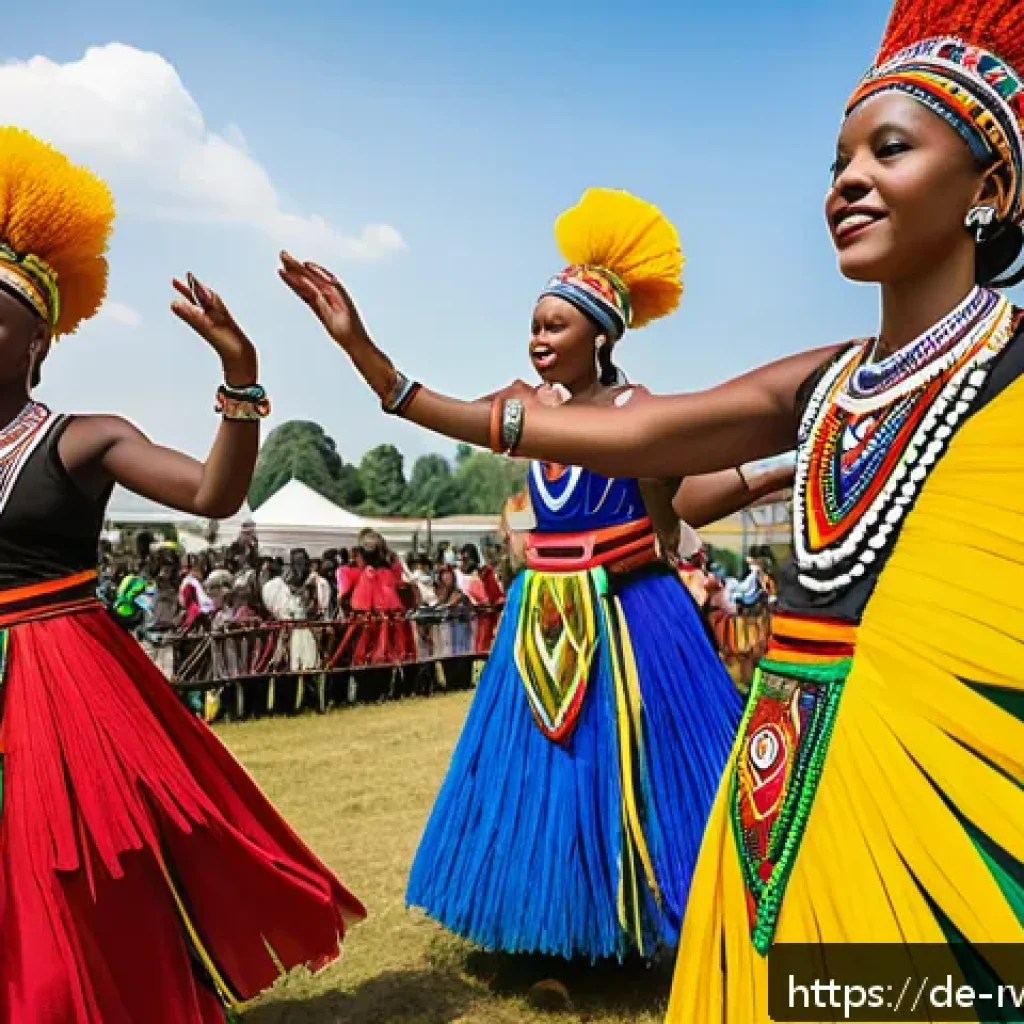 르완다 민속 춤의 현대적 재해석 - A vibrant scene of traditional Rwandan dancers performing outdoors during a cultural festival in a G...