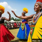 르완다 민속 춤의 현대적 재해석 - A vibrant scene of traditional Rwandan dancers performing outdoors during a cultural festival in a G...