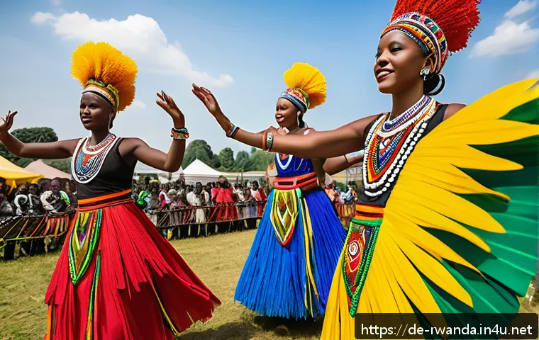 르완다 민속 춤의 현대적 재해석 - A vibrant scene of traditional Rwandan dancers performing outdoors during a cultural festival in a G...
