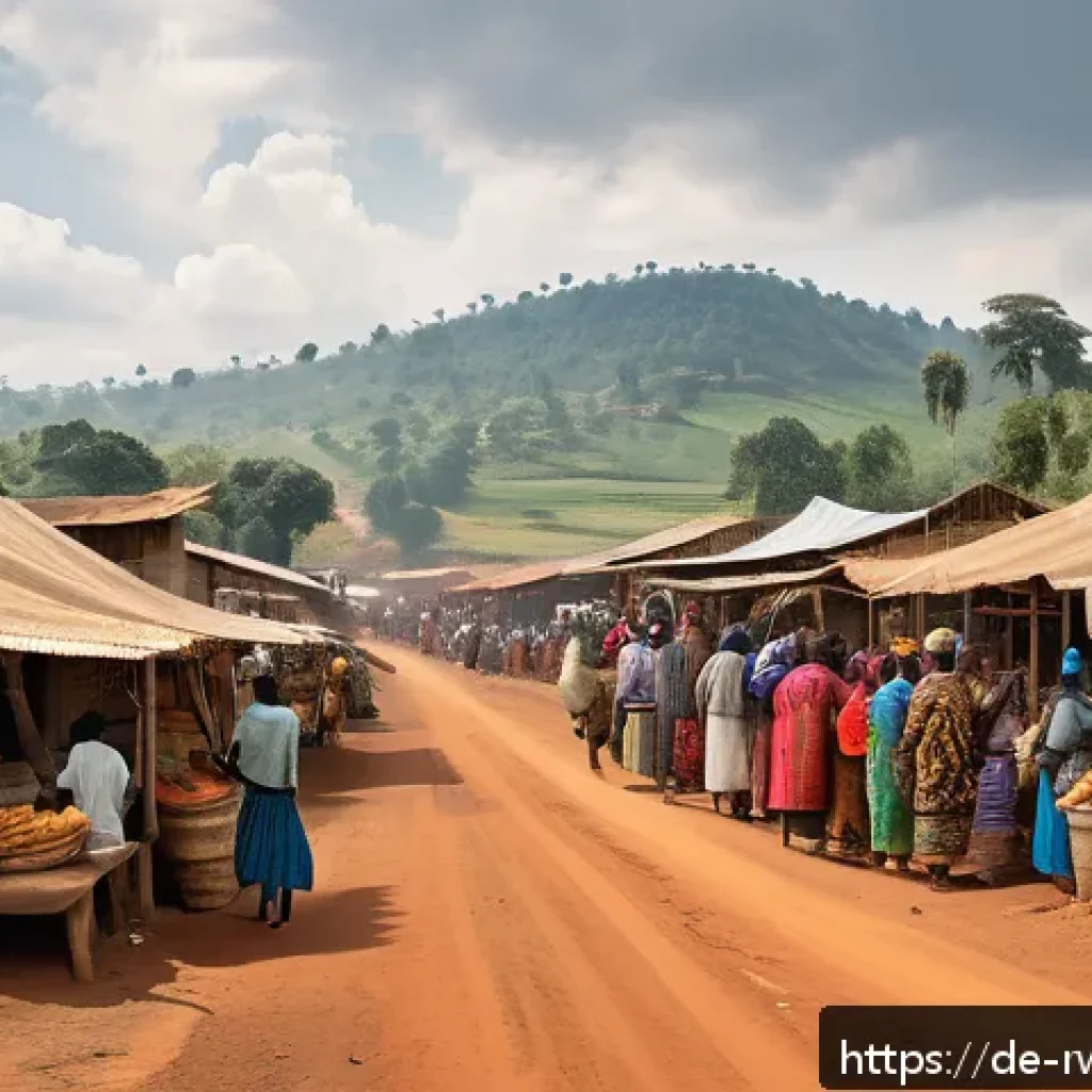 르완다와 브룬디의 관계 - A detailed and realistic depiction of a rural East African border market scene between Rwanda and Bu...
