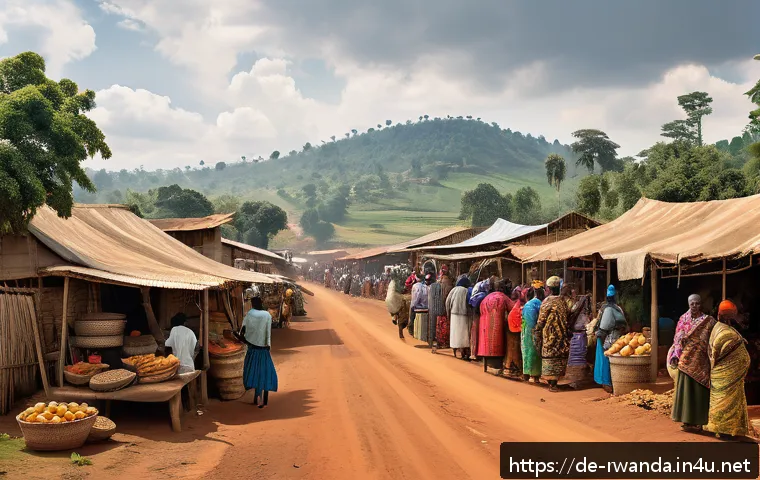 르완다와 브룬디의 관계 - A detailed and realistic depiction of a rural East African border market scene between Rwanda and Bu...