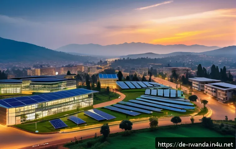 르완다의 주요 산업군 - A vibrant Kigali cityscape showcasing a smart city environment at dusk, with modern buildings illumi...