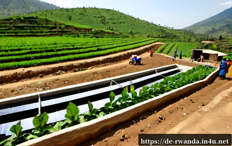 르완다와 아프리카 개발은행 - Photorealistic wide-angle scene of a sustainable agricultural development project in rural Rwanda, t...