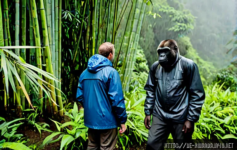 Home 17 르완다산 고릴라 트레킹 - Photorealistic Rwanda mountain gorilla trekking scene in Volcanoes National Park, a small group of G...