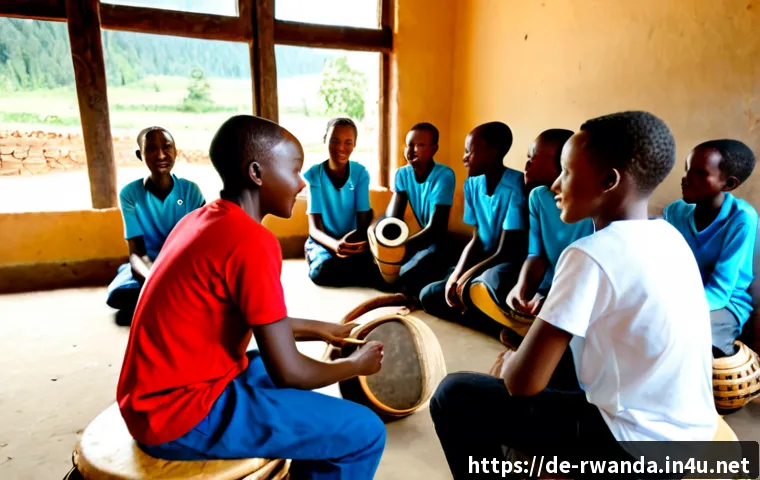 르완다 민속 음악 교육 프로그램 - Photorealistic Rwanda folk music education workshop in a bright community classroom, an experienced ...