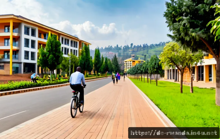 르완다의 도시 재생 프로젝트 - Photorealistic urban regeneration scene in Kigali, Rwanda, featuring a newly paved pedestrian boulev...