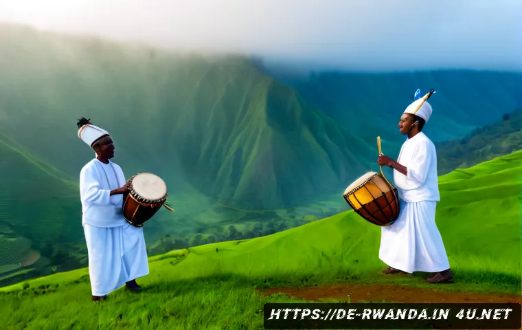 르완다 민속 음악의 지역별 차이 - Photorealistic documentary scene of traditional Rwandan folk musicians performing in the cool misty ...