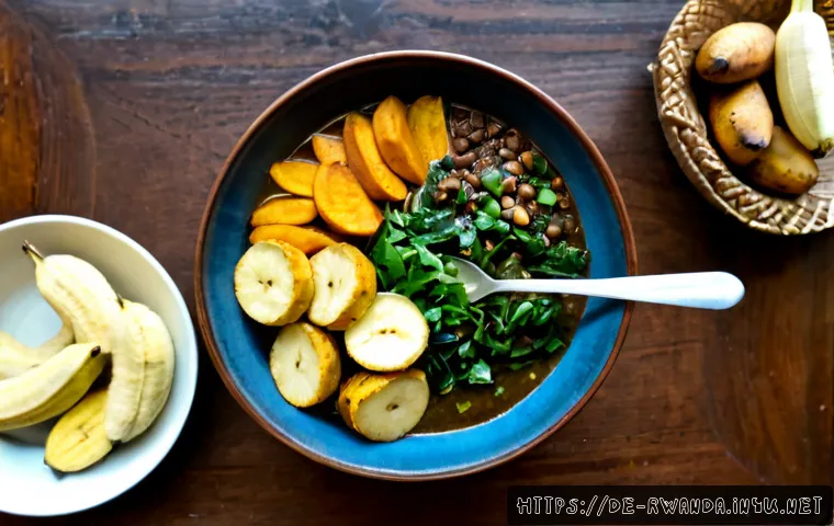 르완다 전통 음식의 종류 - Photorealistic overhead food photography of a traditional Rwandan meal on a handcrafted wooden table...