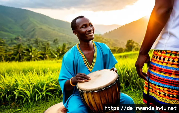 르완다의 주요 전통 악기 소개 - Photorealistic documentary-style scene of a Rwandan traditional music ensemble outdoors, three skill...